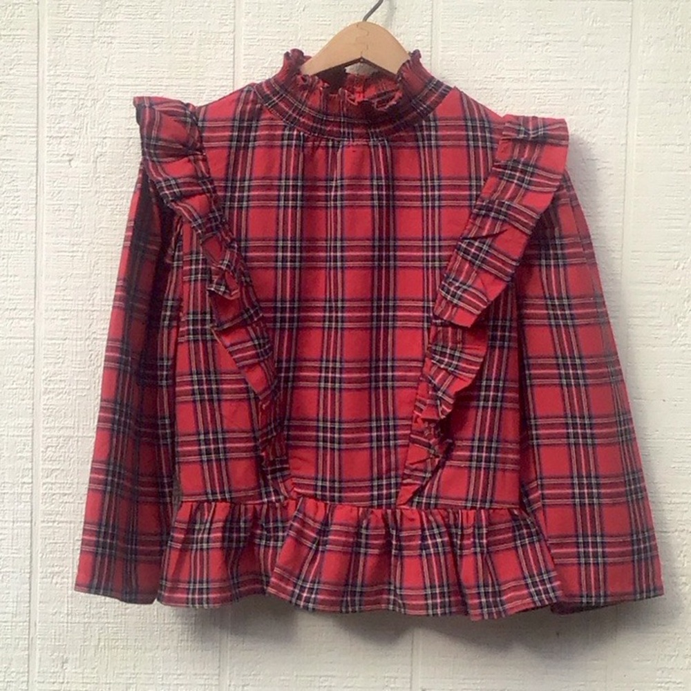 English Factory tartan ruffle blouse
